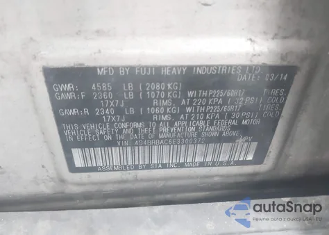 2014 Subaru Outback 2.5I z USA, uszkodzony, nr VIN 4S4BRBAC6E3300372